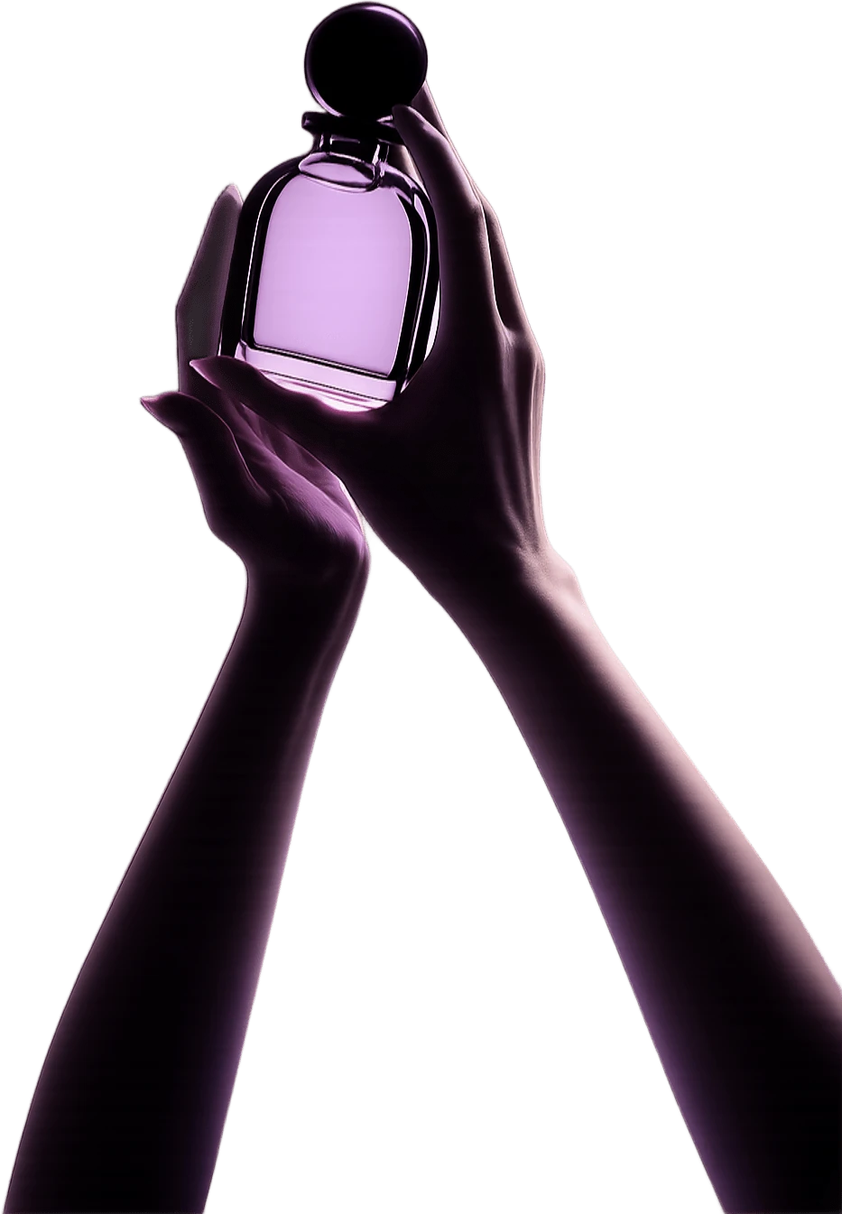 Mano en tono violeta sosteniendo un frasco de perfume lila translucido