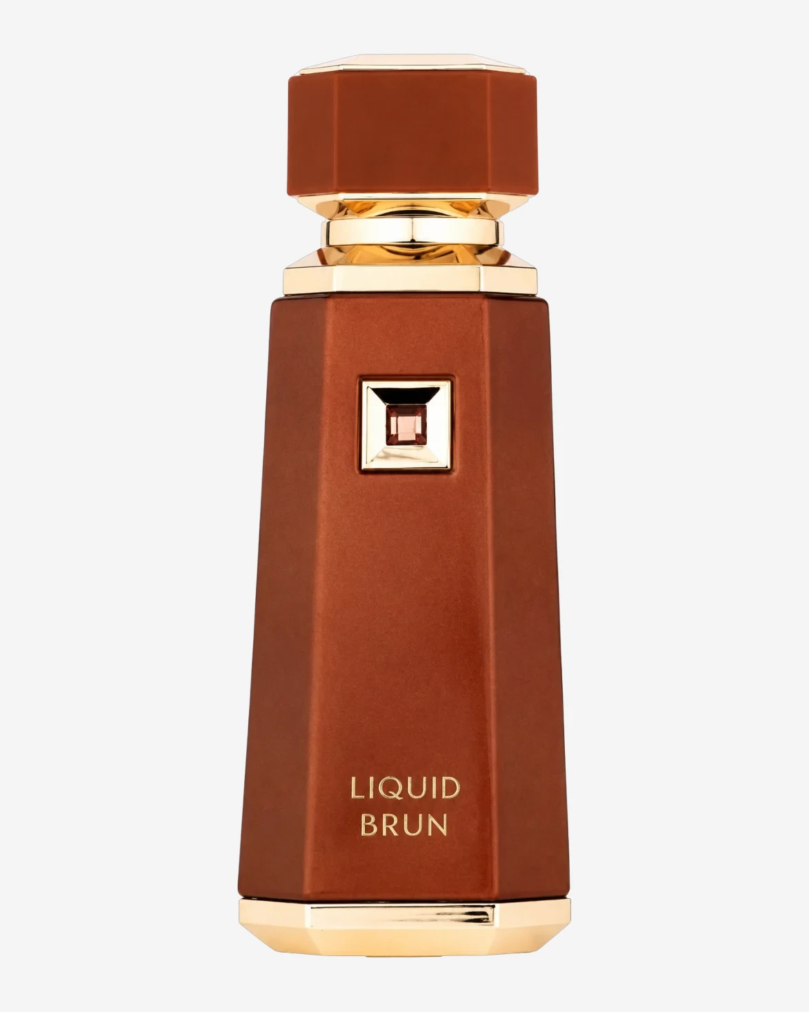 Frasco de French Avenue Liquid Brun, vidrio marrón facetado con base dorada y emblema cuadrado