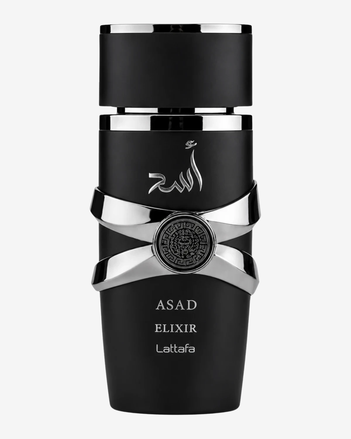 Frasco de Lattafa Asad Elixir, vidrio negro mate con banda plateada cruzada y medallon