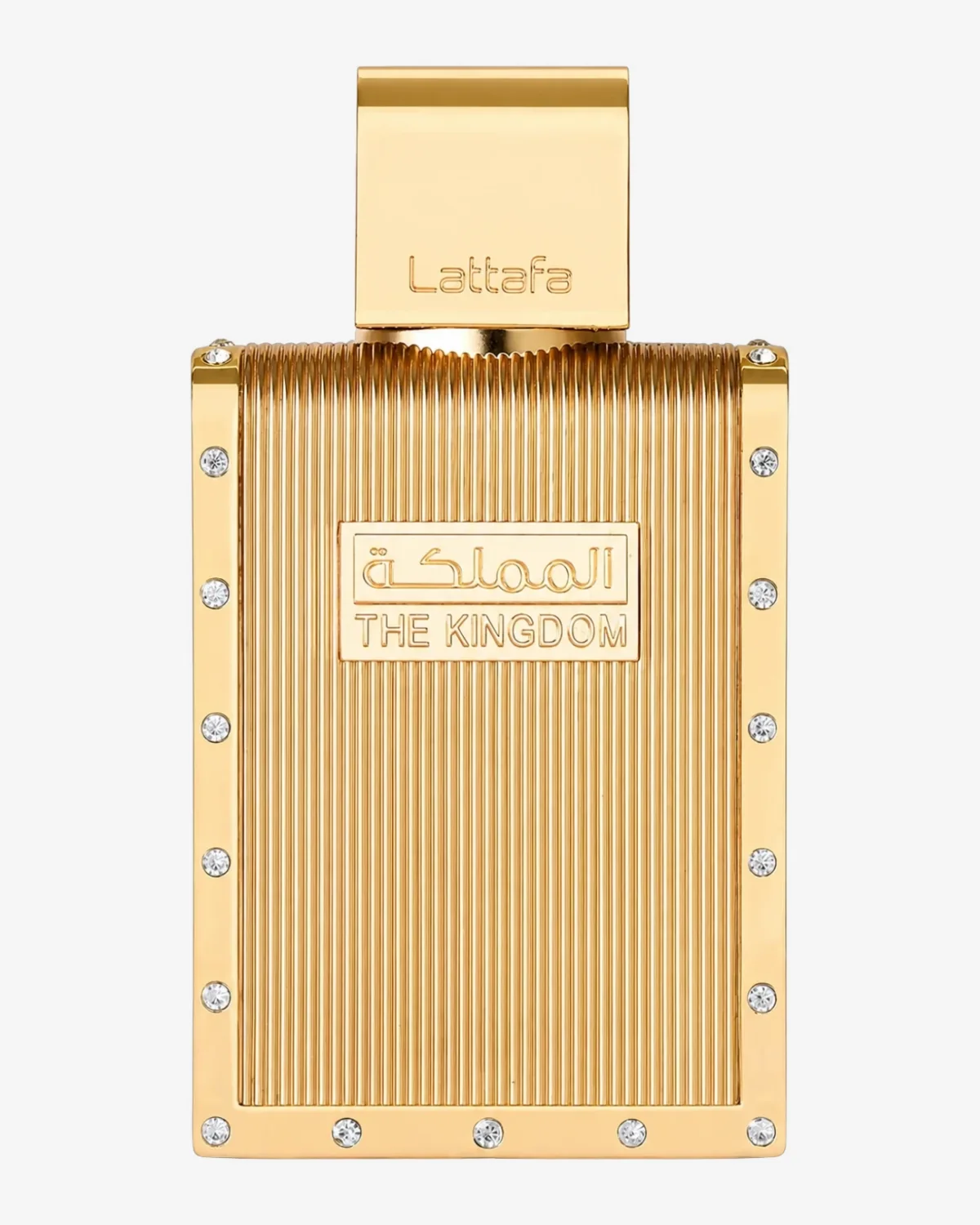 Frasco de Lattafa The Kingdom for Men, dorado acanalado con cristales y placa con el nombre en arabe