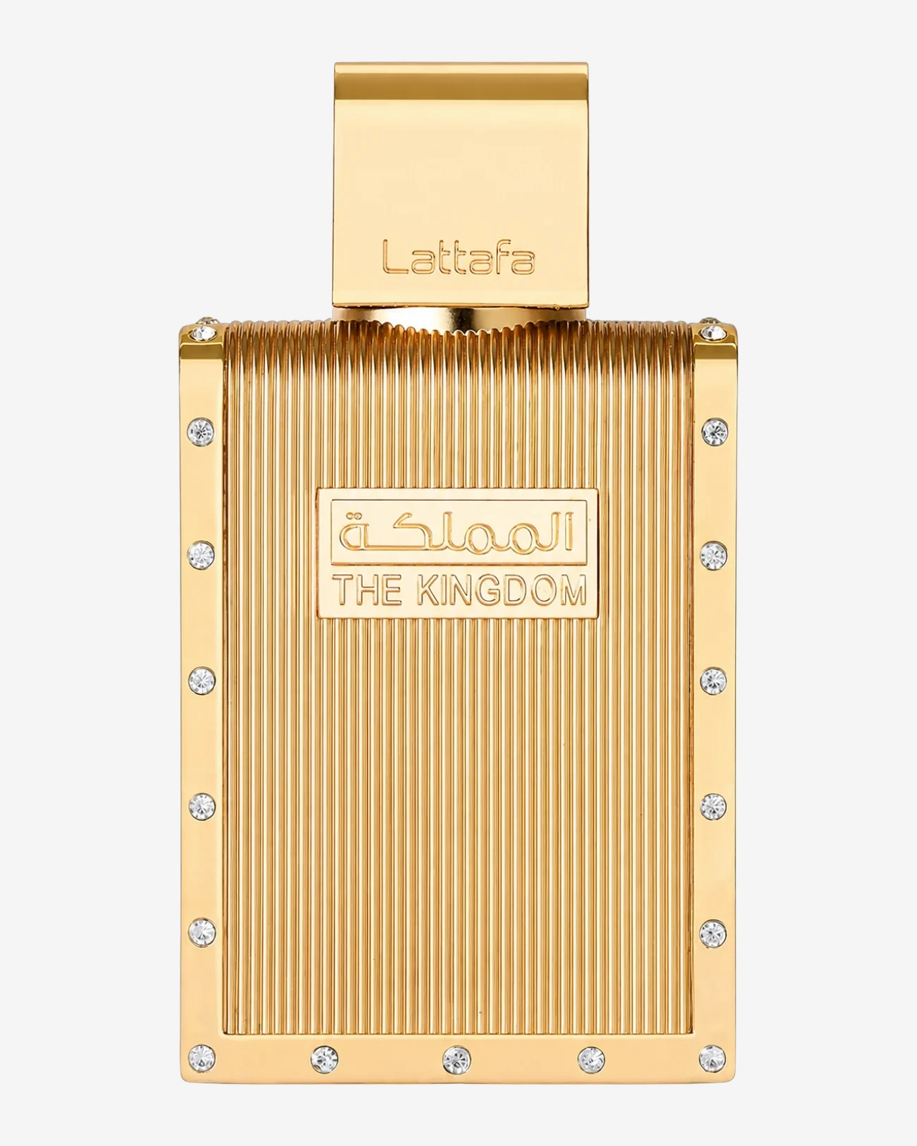 Frasco de Lattafa The Kingdom for Men, dorado acanalado con cristales y placa con el nombre en arabe