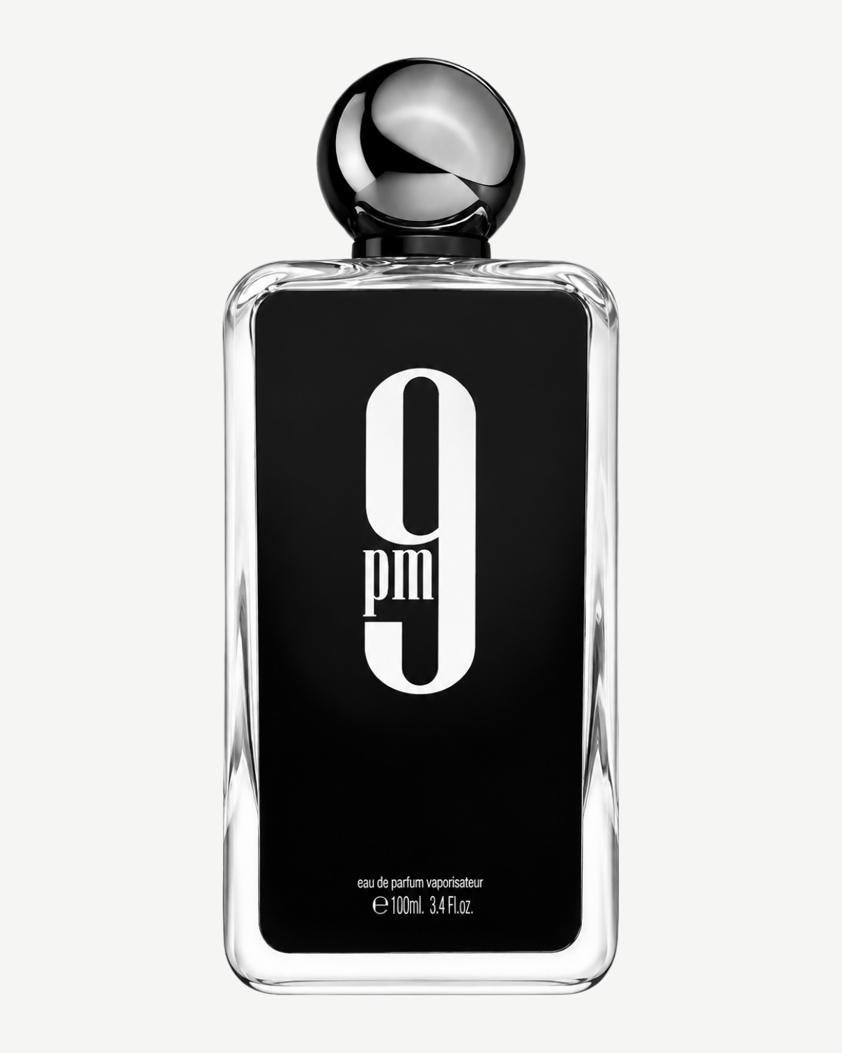 Frasco de Afnan 9 PM for Men, vidrio transparente con panel negro, un 9 grande en blanco y tapón plateado redondo