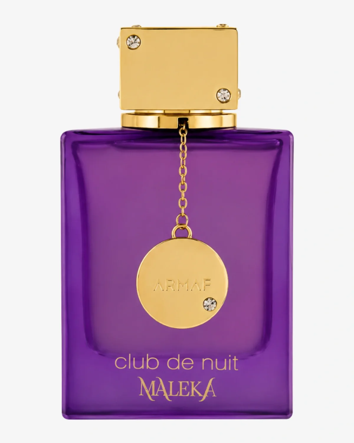 Frasco de Armaf Club de Nuit Maleka, vidrio violeta con medallón dorado colgante y cristales en el tapón
