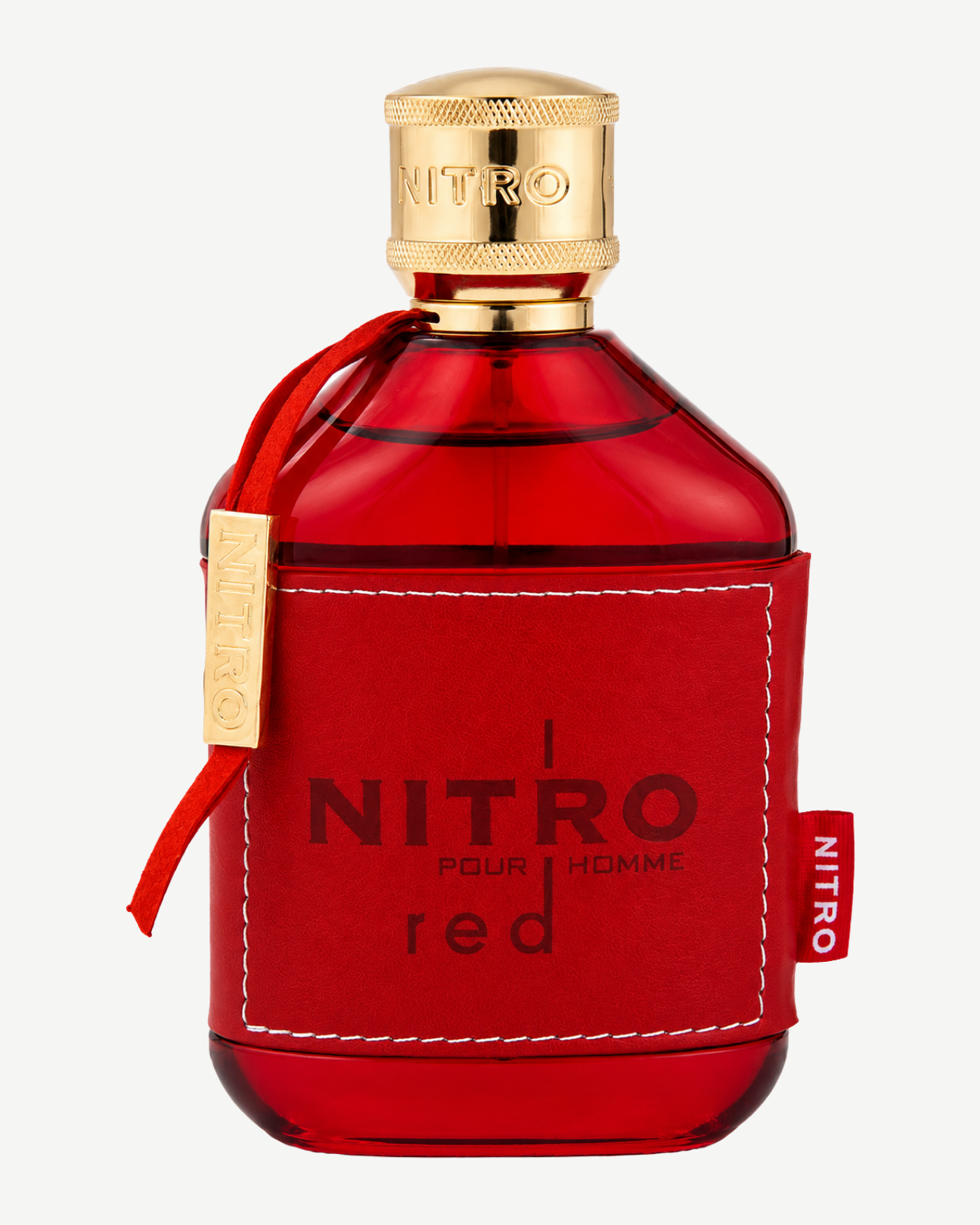 Frasco de Dumont Nitro Red, vidrio rojo con funda de cuero rojo cosido, placa dorada y tapón dorado
