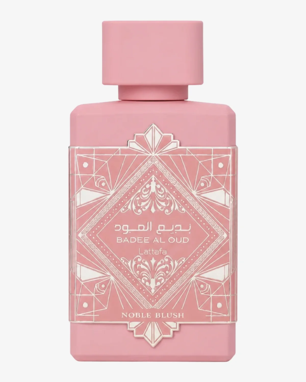 Frasco de Lattafa Badee Al Oud Noble Blush, vidrio rosa mate con rombo art déco en relieve blanco