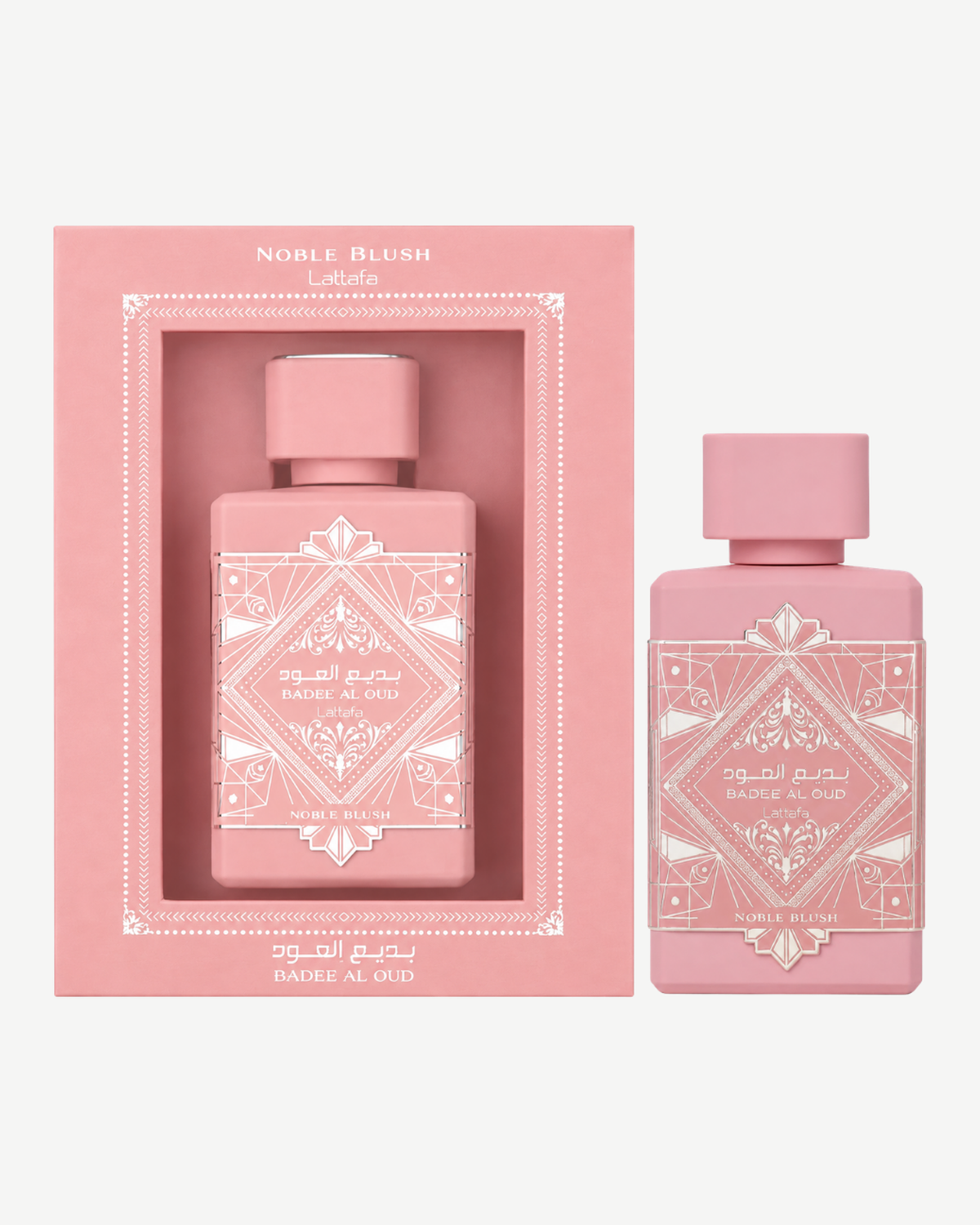 Lattafa Badee Al Oud Noble Blush junto a su caja
