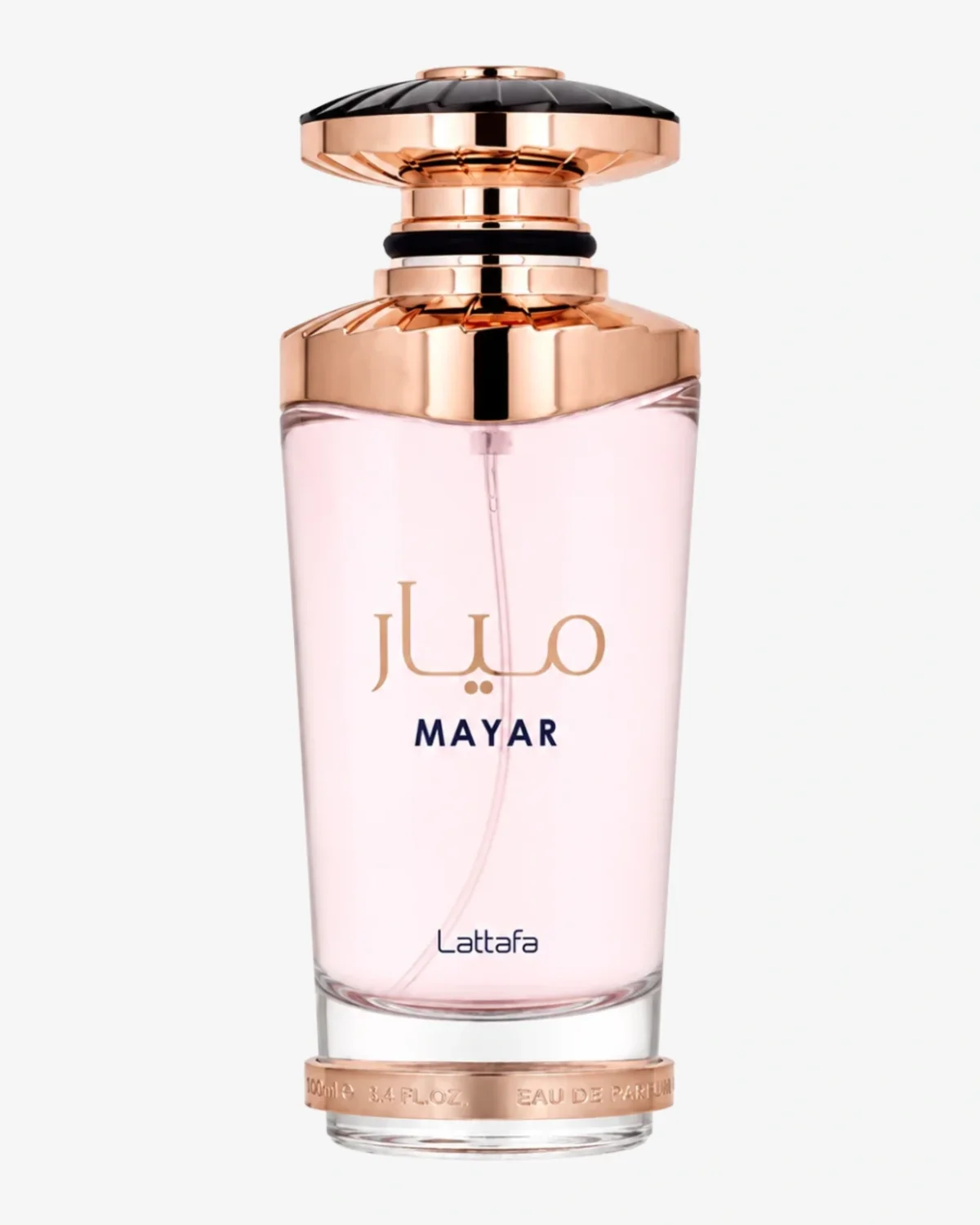 Frasco de Lattafa Mayar, vidrio rosa translúcido con tapón facetado en oro rosa y negro