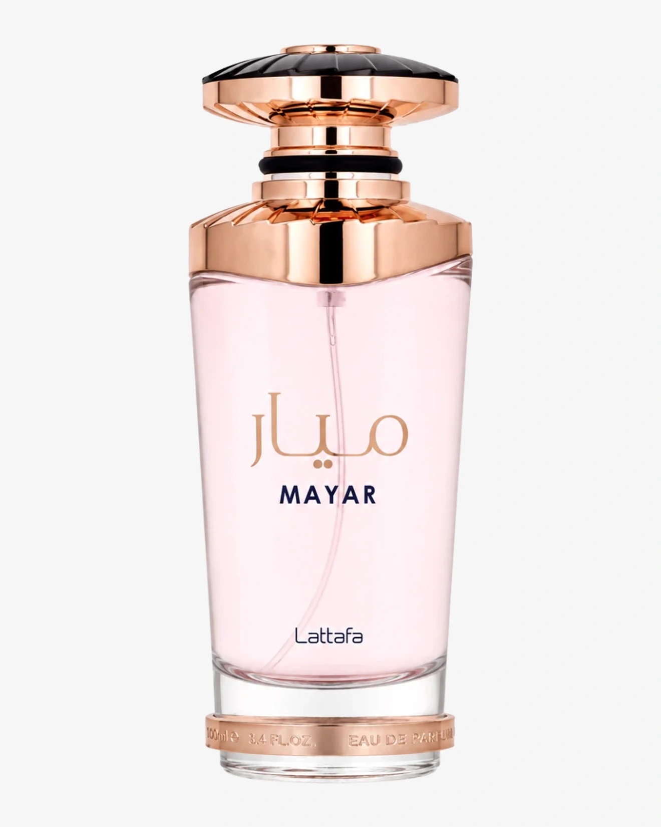 Frasco de Lattafa Mayar, vidrio rosa translúcido con tapón facetado en oro rosa y negro