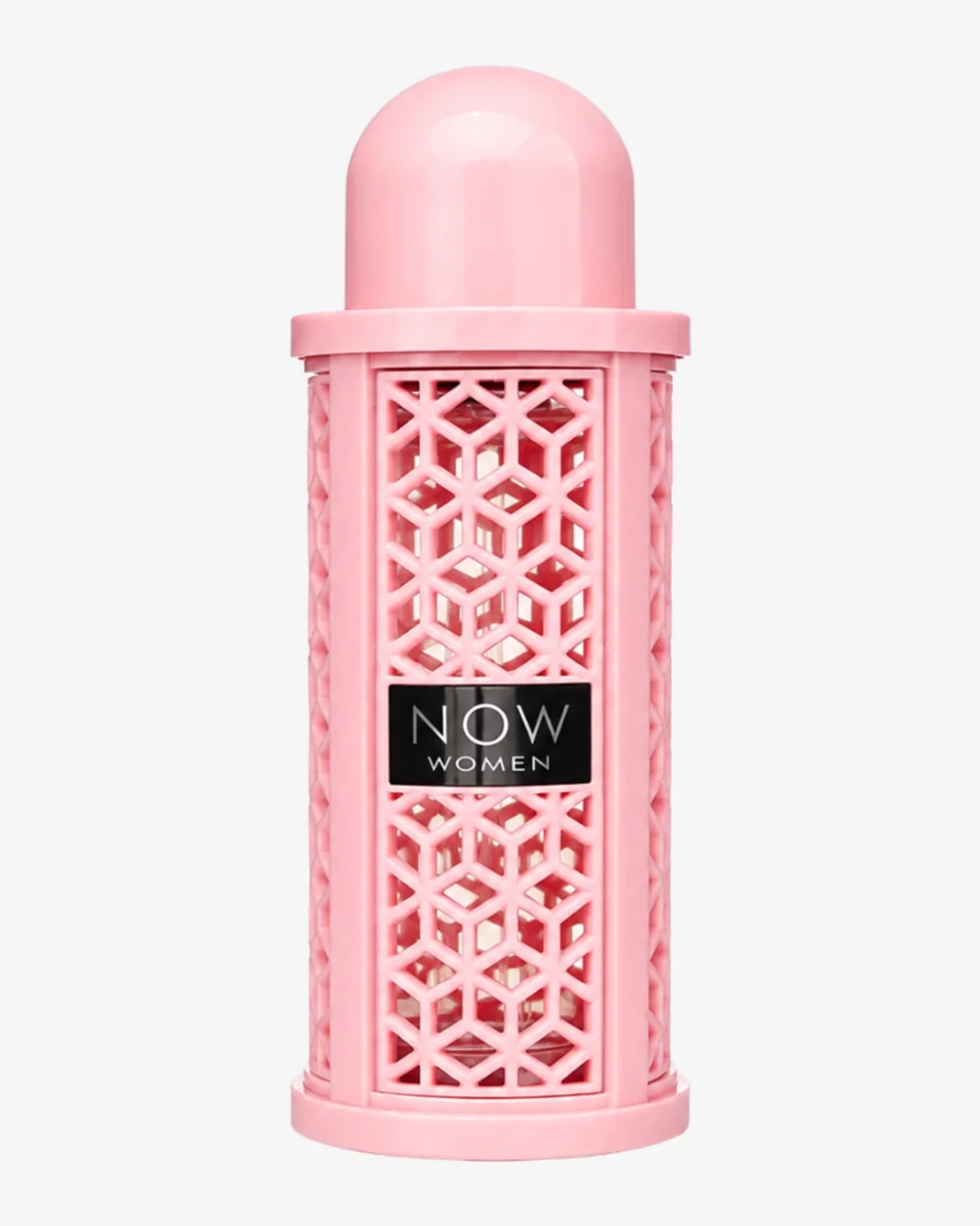 Frasco de Lattafa Rave Now Women, cilindro rosa con celosía geométrica calada y etiqueta negra