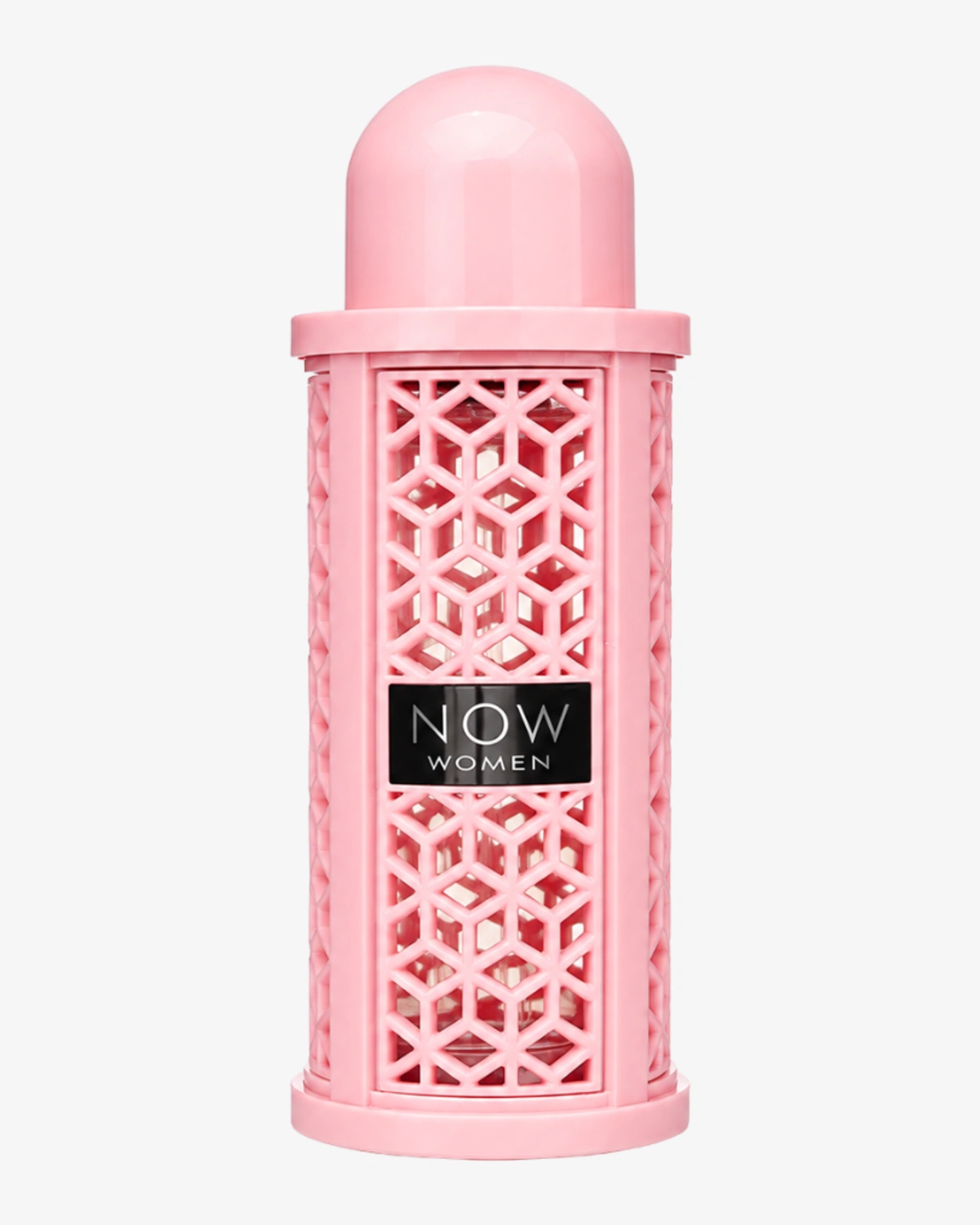 Frasco de Lattafa Rave Now Women, cilindro rosa con celosía geométrica calada y etiqueta negra