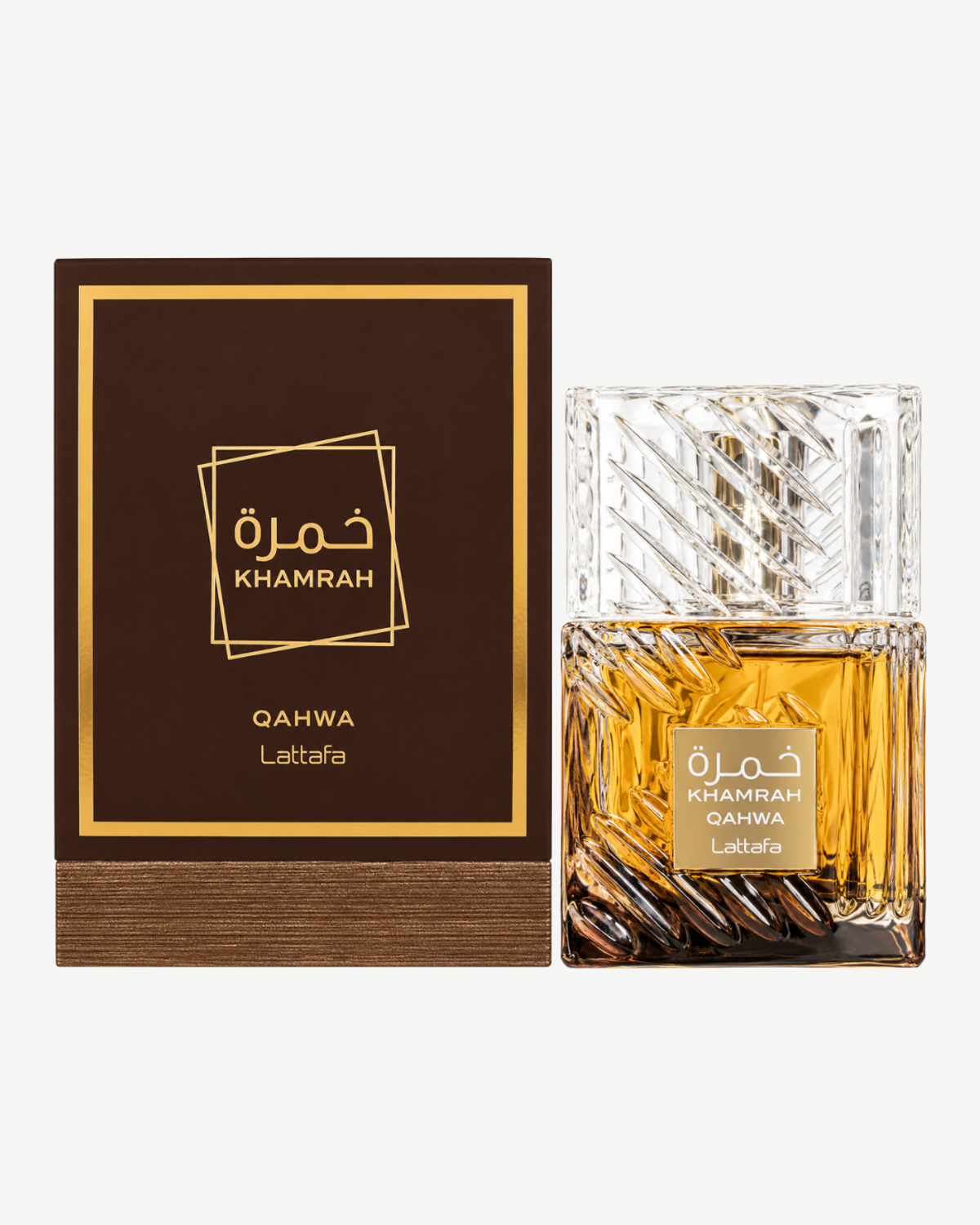 Lattafa Khamrah Qahwa junto a su caja